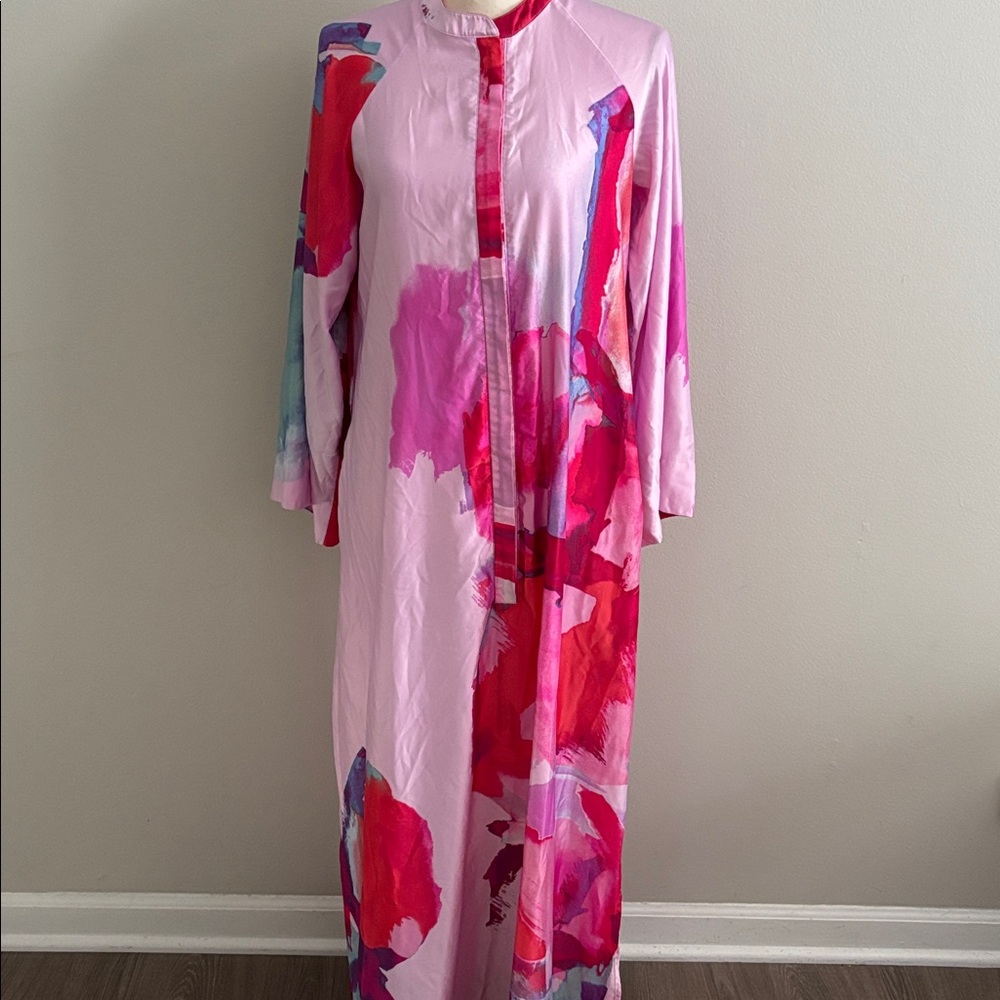 Natori Satin Caftan Maxi Night Gown, Zip Front, sz Small